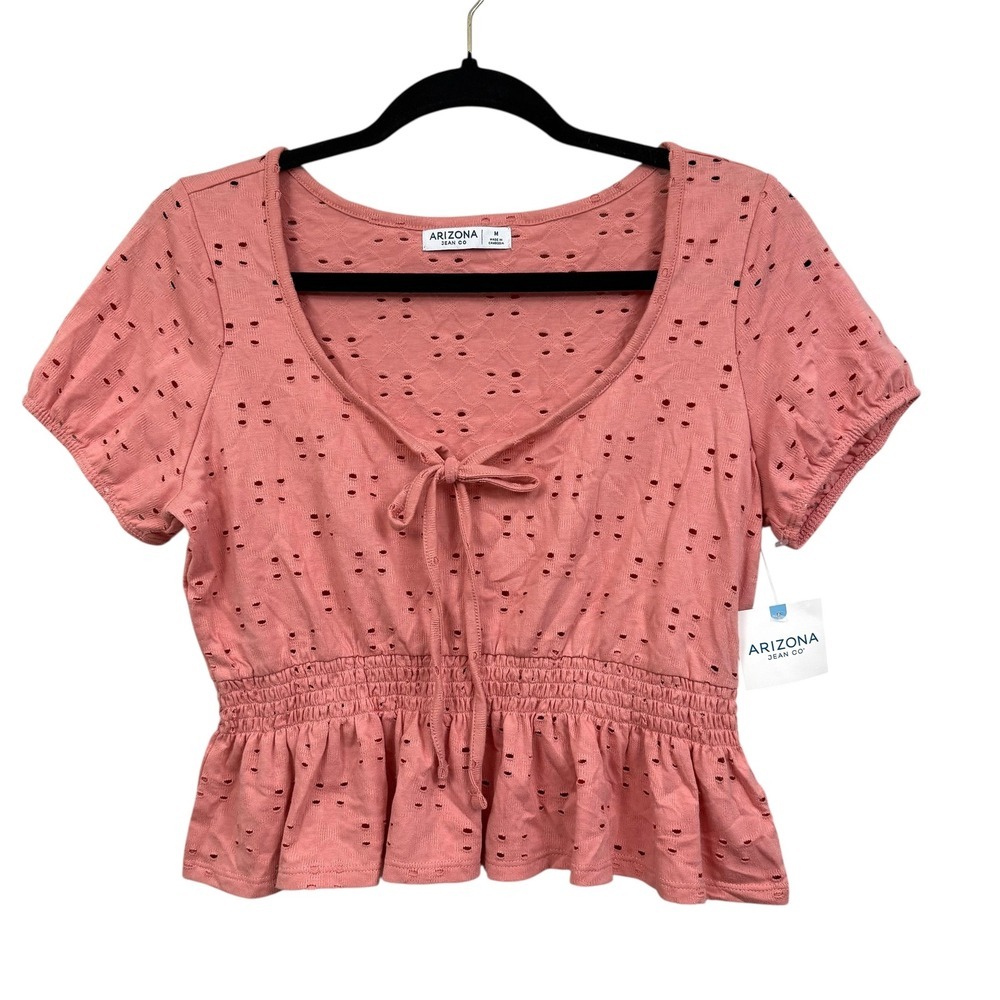 Arizona Jean Co. Women Cropped Peplum Top Blouse Tie Front Eyelet Orange Size M*
